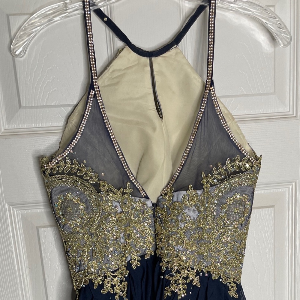 EUC! Navy Blue / Gold Embellished Tulle Party Dress Short Homecoming Prom - Picture 2 of 3